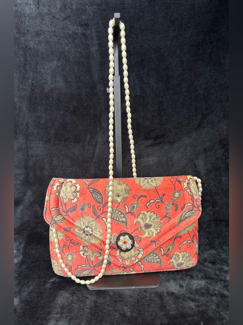 Anthropologie Coral Floral Velvet Envelope Clutch Pearl Strap Bag